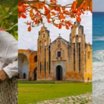 Collage de tres fotografías que representan la riqueza del sureste de México. A la izquierda, un productor con sombrero tradicional cosecha una mazorca de cacao (Tabasco); al centro, la fachada histórica del Convento de San Miguel Arcángel en Maní bajo el follaje de un árbol (Yucatán); a la derecha, una vista de aguas turquesas y olas rompiendo en una playa de arena en Campeche.