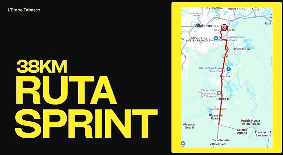Ruta Sprint de 38 km para el evento L’Étape Tabasco. A la izquierda, sobre un fondo negro, destaca el texto en color amarillo: "38KM RUTA SPRINT". A la derecha, dentro de un recuadro amarillo, se muestra un mapa de la ruta que inicia en el Malecón de Villahermosa, desciende por la carretera hacia Playas del Rosario y Villa El Cielo, y retorna al punto de origen. El mapa identifica puntos clave como Gaviotas, Parrilla y la Universidad Tecnológica de Tabasco.