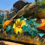 Una Toma De Media Distancia Del Carro Alegórico Del Municipio De Jalapa, Tabasco, En Proceso De Construcción Bajo Una Estructura Techada. El Carro Está Decorado Con Grandes Esculturas Tridimensionales De Color Naranja Amarillento Con Texturas Irregulares, Que Representan Frutos O Elementos De La Flora Local, Intercalados Con Flores Amarillas Grandes Y Hojas Verdes.