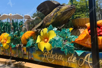 Una Toma De Media Distancia Del Carro Alegórico Del Municipio De Jalapa, Tabasco, En Proceso De Construcción Bajo Una Estructura Techada. El Carro Está Decorado Con Grandes Esculturas Tridimensionales De Color Naranja Amarillento Con Texturas Irregulares, Que Representan Frutos O Elementos De La Flora Local, Intercalados Con Flores Amarillas Grandes Y Hojas Verdes.