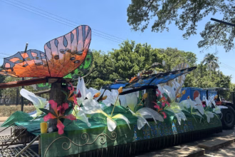 Fotografía A Plena Luz Del Día De Un Carro Alegórico Monumental Del Municipio De Cunduacán Estacionado En Una Avenida. El Diseño Destaca Por Grandes Figuras De Mariposas Con Alas Translúcidas En Tonos Naranja, Azul Y Verde, Que Parecen Sobrevolar Un Jardín De Flores Blancas Gigantes De Tela O Papel.