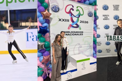 Una Composición De Tres Fotografías Verticales Que Muestran A La Joven Patinadora Artística Tabasqueña, Mariana Rovirosa Priego. A La Izquierda, Se La Ve En La Pista Ejecutando Una Pose Con Un Traje Blanco Y Negro Inspirado En Michael Jackson.