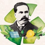 En El Centro, Un Retrato Grabado En Blanco Y Negro Del Naturalista José Narciso Rovirosa, Con Su Característico Bigote Y Traje Formal. El Retrato Está Integrado Dentro De Una Gran Forma Deacuarela Verde Degradado Que Evoca El Símbolo Universal Del Reciclaje.
