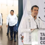 Imagen Compuesta Por Dos Fotografías. A La Izquierda, El Subsecretario Miguel Torruco Garza Y El Gobernador De Tabasco, Javier May Rodríguez, Caminan Sonrientes Por Un Pasillo Institucional; Ambos Visten Guayaberas Blancas, Torruco Con Detalles Bordados Azules Y May En Un Estilo Clásico.