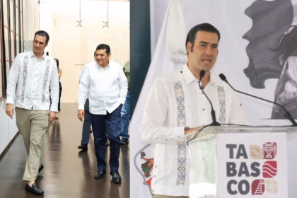 Imagen Compuesta Por Dos Fotografías. A La Izquierda, El Subsecretario Miguel Torruco Garza Y El Gobernador De Tabasco, Javier May Rodríguez, Caminan Sonrientes Por Un Pasillo Institucional; Ambos Visten Guayaberas Blancas, Torruco Con Detalles Bordados Azules Y May En Un Estilo Clásico.