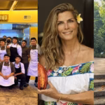 Imagen Dividida En Tres Partes Que Muestra A La Modelo Y Presentadora Montserrat Oliver En Diferentes Momentos De Su Viaje Por Tabasco, México. En El Panel Izquierdo, Oliver Posa Junto A Un Numeroso Grupo De Personal De Cocina De La Cevicheria Tabasco