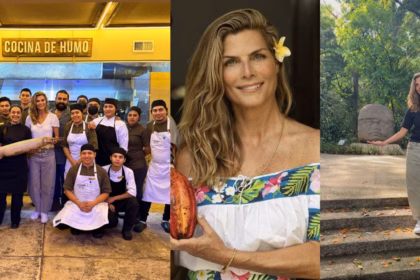 Imagen Dividida En Tres Partes Que Muestra A La Modelo Y Presentadora Montserrat Oliver En Diferentes Momentos De Su Viaje Por Tabasco, México. En El Panel Izquierdo, Oliver Posa Junto A Un Numeroso Grupo De Personal De Cocina De La Cevicheria Tabasco