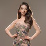 Fotografía De Estudio De Cuerpo Entero De La Modelo Ana Raquel Sánchez Peralta, Posando Con Confianza Sobre Un Fondo Neutro Degradado En Tonos Grises Y Dorados. Viste Un Sofisticado Vestido De Gala De Tul En Color Nude Beige, Sin Tirantes Y De Silueta Columna, Que Cuenta Con Una Abertura Alta En La Pierna Izquierda.