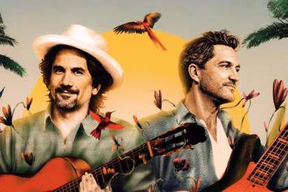 Un Retrato Ilustrado De Estilo Collage Y Cartel Con Dos Hombres. El Hombre De La Izquierda, Con Un Sombrero De Ala Ancha Y Camisa Verde Estampada, Sonríe Y Sostiene Una Guitarra Acústica. El Hombre De La Derecha, De Perfil Y Con Una Camisa Azul Estampada, Sostiene Una Guitarra Eléctrica.