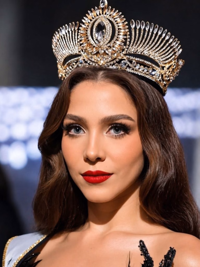 Erika Ximena Aranda Es Coronada Miss Universe Tabasco 2026 71 Fotografía En Primer Plano Detallado Del Rostro De Erika Ximena Ramírez Aranda, Miss Universe Tabasco 2026. La Reina De Belleza Mira Fijamente A La Cámara Con Una Expresión Serena; Destaca Por Sus Ojos Claros Enmarcados Por Pestañas Largas, Cejas Definidas, Piel Radiante Con Sutil Rubor Y Labios Pintados Con Un Tono Rojo Intenso Y Mate. Sobre Su Cabello Castaño Oscuro, Peinado Con Ondas Suaves Y Raya En Medio, Resalta Una Imponente Y Elaborada Corona Dorada Decorada Con Cristales Y Pedrería Fina Que Destella Con La Luz. Al Fondo Se Aprecia Un Fondo Grisáceo Con Luces Desenfocadas De Tipo Bokeh.