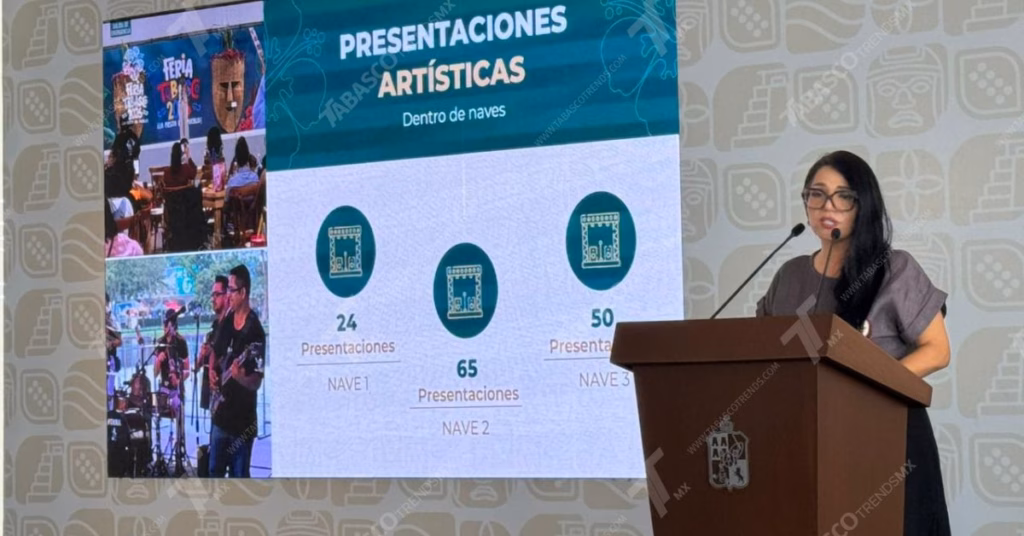 Javier May Reporta Éxito En Feria Tabasco 2026 Y Anuncia Obras En La Capital 71 Katia Ornelas Gil, Secretaria De Turismo, Frente A Una Pantalla Que Muestra Las Estadísticas De Presentaciones Artísticas En La Feria Tabasco 2026: 24 En La Nave 1, 65 En La Nave 2 Y 50 En La Nave 3. La Funcionaria Detalla El Impacto Cultural Del Evento Durante La Conferencia Matutina.