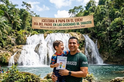 Un Padre Sonriente Abraza A Su Pequeño Hijo, Quien Sostiene Un Dibujo De &Quot;¡Feliz Día Papá!&Quot;, Frente A Las Imponentes Cascadas De Agua Blanca En Teapa, Tabasco, Rodeados De Una Exuberante Selva Verde Y Un Río De Aguas Cristalinas Bajo Una Gran Pancarta Festiva.