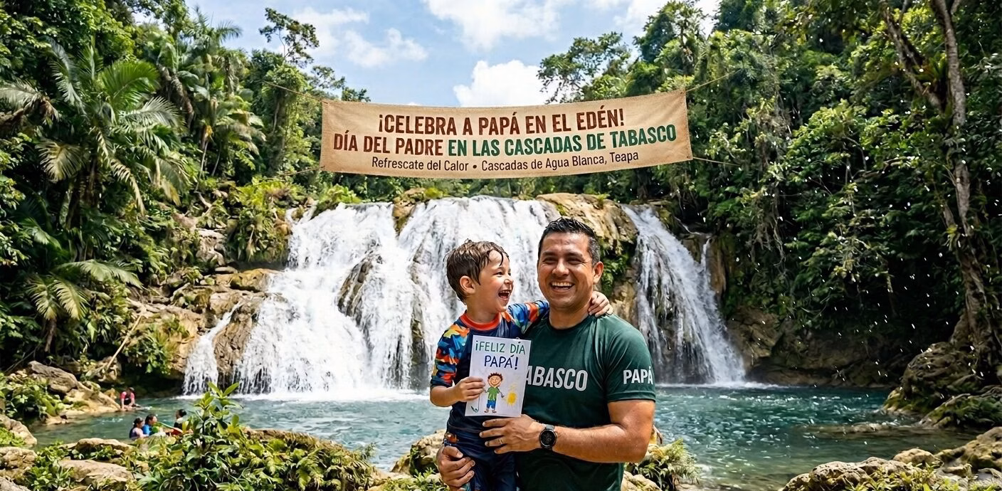 ¡Celebra A Papá En El Edén! Lugares Ideales Para Festejar El Día Del Padre Y Refrescarse Del Calor En Tabasco 70 Un Padre Sonriente Abraza A Su Pequeño Hijo, Quien Sostiene Un Dibujo De &Amp;Quot;¡Feliz Día Papá!&Amp;Quot;, Frente A Las Imponentes Cascadas De Agua Blanca En Teapa, Tabasco, Rodeados De Una Exuberante Selva Verde Y Un Río De Aguas Cristalinas Bajo Una Gran Pancarta Festiva.