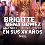Un Collage Fotográfico Digital Tipo Portada De La Revista Tabasco Trends Que Celebra Los 15 Años De Brigitte Mena Gómez. Al Centro Destaca Una Imagen Grande De La Quinceañera De Perfil, Vistiendo Un Glamuroso Vestido Strapless Rosa Brillante Con Pedrería Y Una Tiara. Alrededor Se Muestran Cuatro Fotos Secundarias: Arriba A La Izquierda Con Sus Amigos; Abajo A La Izquierda Bailando El Vals; Arriba A La Derecha Posando Feliz En Familia Junto A Sus Padres, Su Hermana Y Su Perrito Chanel En Brazos; Y Abajo A La Derecha Junto A Su Chambelán O Pareja De Baile.