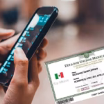 Imagen Compuesta En Primer Plano Que Muestra Las Manos De Una Persona Sosteniendo Un Teléfono Celular Inteligente De Color Negro Con La Pantalla Encendida Y Ligeramente Inclinada. Sobrepuesta En La Esquina Inferior Derecha, Se Aprecia De Forma Nítida Una Constancia Oficial Mexicana De La Curp (Clave Única De Registro De Población) En Formato Digital.