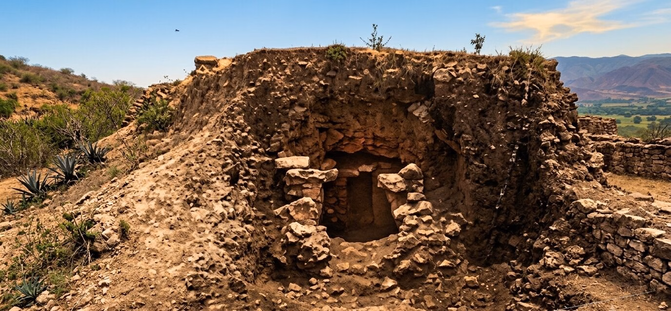 El Secreto Prehispánico De Jalapa, Tabasco: Tres Décadas Del Hallazgo De La Cripta Funeraria De Calicanto 70 Fotografía En Plano General Que Muestra Un Montículo Arqueológico De Tierra Y Piedras Excavado En Un Entorno Semiárido Con Vegetación Baja, Como Agaves A La Izquierda. Al Centro Del Montículo Se Abre Una Estructura De Piedra Colapsada Que Revela El Acceso A Una Cripta O Cámara Fúnebre Subterránea. El Paisaje De Fondo Incluye Colinas, Valles Verdes Bajo Un Cielo Azul Despejado Con Nubes Ligeras, Y Restos De Muros De Piedra A La Derecha.