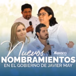 Una Imagen Informativa De Diseño Editorial Sobre Un Fondo Que Degrada De Beige A Azul, Mostrando Los Rostros De Cuatro Nuevos Funcionarios Públicos. En La Parte Superior Izquierda Aparece Un Hombre Con Barba De Candado; A Su Derecha, Una Mujer Con Lentes Y Camisa Blanca Mirando De Perfil. En La Parte Inferior Izquierda Se Observa A Una Mujer Sonriente De Cabello Rubio, Y En El Centro Inferior, Un Hombre Joven Con Barba, Camisa Blanca De Uniforme Con Logotipos Institucionales, Sosteniendo Un Micrófono Y Gesticulando Con La Mano Izquierda. Al Centro, En Tipografía Grande Y Estilizada De Color Blanco, Destaca El Título &Quot;Nuevos Nombramientos En El Gobierno De Javier May&Quot;