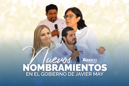 Una Imagen Informativa De Diseño Editorial Sobre Un Fondo Que Degrada De Beige A Azul, Mostrando Los Rostros De Cuatro Nuevos Funcionarios Públicos. En La Parte Superior Izquierda Aparece Un Hombre Con Barba De Candado; A Su Derecha, Una Mujer Con Lentes Y Camisa Blanca Mirando De Perfil. En La Parte Inferior Izquierda Se Observa A Una Mujer Sonriente De Cabello Rubio, Y En El Centro Inferior, Un Hombre Joven Con Barba, Camisa Blanca De Uniforme Con Logotipos Institucionales, Sosteniendo Un Micrófono Y Gesticulando Con La Mano Izquierda. Al Centro, En Tipografía Grande Y Estilizada De Color Blanco, Destaca El Título &Quot;Nuevos Nombramientos En El Gobierno De Javier May&Quot;