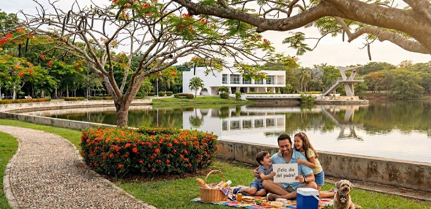 Guía Para El Día Del Padre 2026: Lugares Gratis En Villahermosa Para Un Día De Campo Inolvidable 2 Una Fotografía Tomada En El Parque Tomás Garrido Canabal De Villahermosa, Tabasco. En El Primer Plano, A La Derecha, Un Hombre Sonriente Está Sentado Sobre Una Colorida Manta De Picnic En El Césped Junto A Sus Dos Hijos Pequeños; El Hombre Sostiene Un Letrero Blanco Que Dice &Amp;Quot;¡Feliz Día Del Padre!&Amp;Quot;. A Su Lado Hay Una Canasta De Picnic De Mimbre, Una Hielera Azul Y Un Perro Pequeño Sentado. A La Izquierda, Un Camino Empedrado Y Curvo Bordea Un Arbusto Con Flores Rojas Brillantes. El Fondo Muestra La Laguna De Las Ilusiones Reflejando Los Árboles Circundantes, Una Estructura Blanca Moderna Y El Emblemático Mirador Del Parque. Grandes Árboles Con Flores Rojas Enmarcan La Parte Superior De La Imagen.