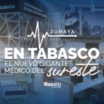 Un Gráfico Promocional Digital Que Combina Varias Imágenes Arquitectónicas En Un Collage Con Un Filtro Azul Translúcido. En La Parte Superior Izquierda Se Aprecia La Fachada Moderna Del 'Centro Internacional De Neuro-Oncología Zumaya'. A La Derecha Y Abajo Se Muestran Vistas Interiores De Áreas Hospitalarias Avanzadas, Incluyendo Un Quirófano Equipado, Una Habitación Con Una Cama De Hospitalización Y Un Centro De Monitoreo Médico Con Computadoras De Escritorio. En El Centro, Destaca En Letras Blancas Grandes El Texto 'En Tabasco El Nuevo Gigante Médico Del Sureste', Acompañado Por El Logotipo De 'Zumaya Hospitales' Con Una Línea De Pulso Cardíaco, Y El Logo De 'Tabasco Trendsmx' En La Parte Inferior Central.