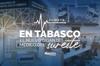 Un Gráfico Promocional Digital Que Combina Varias Imágenes Arquitectónicas En Un Collage Con Un Filtro Azul Translúcido. En La Parte Superior Izquierda Se Aprecia La Fachada Moderna Del 'Centro Internacional De Neuro-Oncología Zumaya'. A La Derecha Y Abajo Se Muestran Vistas Interiores De Áreas Hospitalarias Avanzadas, Incluyendo Un Quirófano Equipado, Una Habitación Con Una Cama De Hospitalización Y Un Centro De Monitoreo Médico Con Computadoras De Escritorio. En El Centro, Destaca En Letras Blancas Grandes El Texto 'En Tabasco El Nuevo Gigante Médico Del Sureste', Acompañado Por El Logotipo De 'Zumaya Hospitales' Con Una Línea De Pulso Cardíaco, Y El Logo De 'Tabasco Trendsmx' En La Parte Inferior Central.