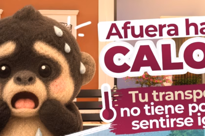 Infografía Digital Del Programa Operativo Refréscate Choco Dividida En Dos Secciones Diagonales. En La Parte Superior, Sobre Un Fondo Urbano Cálido, Aparece La Ilustración De Un Pequeño Mono Saraguato De Peluche Con Expresión De Fatiga Y Gotas De Sudor Cayendo De Su Cabeza; Al Lado, Un Termómetro Digital Acompaña El Texto &Quot;Afuera Hace Calor — Tu Transporte No Tiene Por Qué Sentirse Igual&Quot;. En La Sección Inferior Derecha, Se Observa La Perspectiva Desde El Interior Fresco De Un Automóvil Climatizado Hacia Una Avenida Con Tráfico; A La Izquierda, Destaca Un Icono De Copo De Nieve Junto A La Frase En Letras Grandes &Quot;¡Prende El Clima!&Quot;.