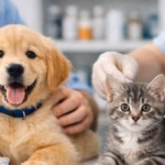 Un Veterinario Con Guantes De Látex Aplica Una Vacuna A Un Cachorro De Golden Retriever Feliz, Mientras Otro Profesional Atiende A Un Gatito Atigrado Gris A Su Lado En Una Clínica.