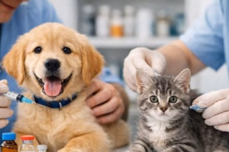 Un Veterinario Con Guantes De Látex Aplica Una Vacuna A Un Cachorro De Golden Retriever Feliz, Mientras Otro Profesional Atiende A Un Gatito Atigrado Gris A Su Lado En Una Clínica.
