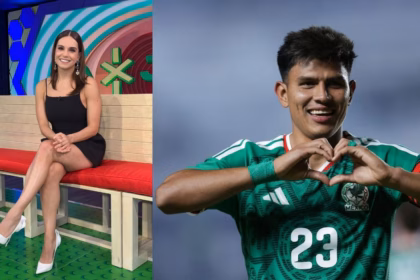 Una Composición Visual Dividida Verticalmente En Dos Secciones Simétricas Con Diferentes Fondos. A La Izquierda, La Conductora Tania Rincón Sonríe Sentada Sobre Una Banca De Madera Con Cojines Rojos En Un Set De Televisión Colorido Con Gráficos Verdes. Viste Un Vestido Corto Negro De Tirantes Y Tacones De Aguja Blancos, Con Las Piernas Cruzadas.