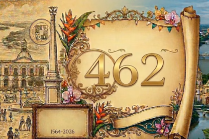 Un Montaje Artístico Horizontal Dividido En Dos Partes Principales, Que Celebra El 462 Aniversario De Villahermosa, México. En El Lado Izquierdo, Una Ilustración Histórica Sepia Detallada Muestra Una Escena Del Mercado Del Siglo Xix Frente Al Antiguo Edificio Del Palacio De Gobierno Y Un Obelisco, Junto Al Río Grijalva. En El Lado Derecho, Una Fotografía Moderna A Todo Color Muestra El Horizonte De La Ciudad Actual Con Puentes Modernos Sobre El Río, La Catedral Del Señor De Tabasco Y Una Cabeza Colosal Olmeca. El Centro Está Dominado Por Un Gran Pergamino Ornamental Sobre El Que Aparecen En Números Dorados El '462' Y Debajo, En Un Recuadro Enmarcado, Las Fechas '1564-2026'. El Montaje Está Decorado Con Exuberante Flora Tropical, Como Flores De Heliconia Y Orquídeas De Tabasco, Y Una Guirnalda De Banderas De Fiesta.