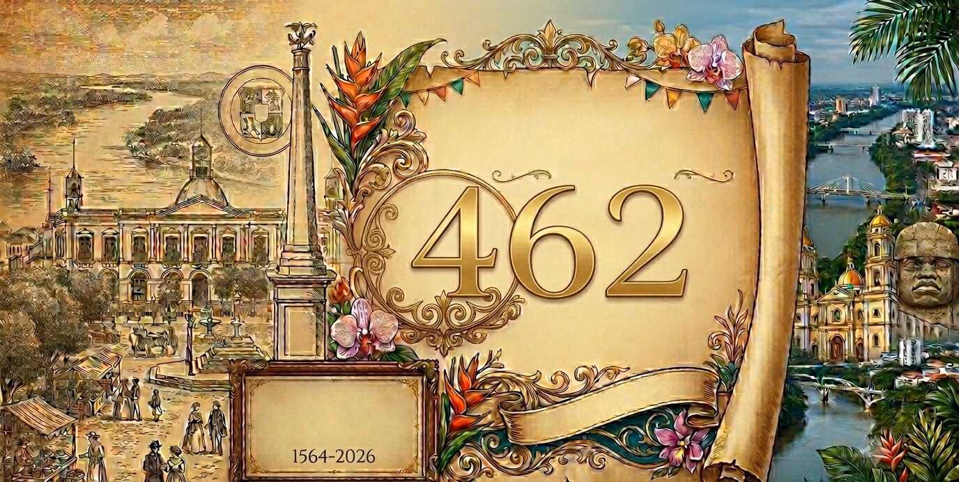 Un Montaje Artístico Horizontal Dividido En Dos Partes Principales, Que Celebra El 462 Aniversario De Villahermosa, México. En El Lado Izquierdo, Una Ilustración Histórica Sepia Detallada Muestra Una Escena Del Mercado Del Siglo Xix Frente Al Antiguo Edificio Del Palacio De Gobierno Y Un Obelisco, Junto Al Río Grijalva. En El Lado Derecho, Una Fotografía Moderna A Todo Color Muestra El Horizonte De La Ciudad Actual Con Puentes Modernos Sobre El Río, La Catedral Del Señor De Tabasco Y Una Cabeza Colosal Olmeca. El Centro Está Dominado Por Un Gran Pergamino Ornamental Sobre El Que Aparecen En Números Dorados El '462' Y Debajo, En Un Recuadro Enmarcado, Las Fechas '1564-2026'. El Montaje Está Decorado Con Exuberante Flora Tropical, Como Flores De Heliconia Y Orquídeas De Tabasco, Y Una Guirnalda De Banderas De Fiesta.