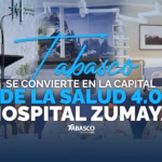 Una Composición Fotográfica Que Destaca El Nuevo Hospital Zumaya En Villahermosa, Tabasco. La Imagen Se Divide En Tres Secciones: A La Izquierda, La Fachada Moderna Del Hospital Con Un Letrero Que Dice &Quot;Hospitales Zumaya&Quot;; En El Centro, Una Vista Interior De Un Área De Espera Con Ventanas Que Muestran Un Paisaje Montañoso; Y A La Derecha, Una Habitación De Hospital Equipada Con Una Cama Ajustable Y Equipos Médicos. En La Parte Inferior De La Composición, Una Fila De Funcionarios De Salud Están Sentados En Una Mesa, Lo Que Sugiere Un Evento De Inauguración O Anuncio.