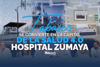 Una Composición Fotográfica Que Destaca El Nuevo Hospital Zumaya En Villahermosa, Tabasco. La Imagen Se Divide En Tres Secciones: A La Izquierda, La Fachada Moderna Del Hospital Con Un Letrero Que Dice &Quot;Hospitales Zumaya&Quot;; En El Centro, Una Vista Interior De Un Área De Espera Con Ventanas Que Muestran Un Paisaje Montañoso; Y A La Derecha, Una Habitación De Hospital Equipada Con Una Cama Ajustable Y Equipos Médicos. En La Parte Inferior De La Composición, Una Fila De Funcionarios De Salud Están Sentados En Una Mesa, Lo Que Sugiere Un Evento De Inauguración O Anuncio.