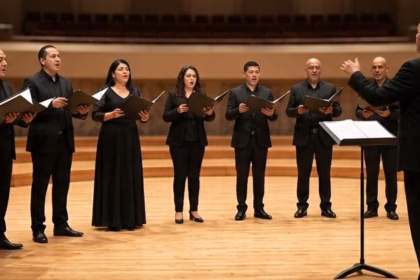 Un Plano Horizontal Medio-Largo De Un Coro Mixto De 10 Personas Y Un Director Actuando En Un Gran Auditorio Vacío. Diez Cantantes (Cuatro Mujeres Y Seis Hombres), Vestidos De Negro Formal De Concierto Y Sosteniendo Carpetas De Partituras Abiertas, Están De Pie En Formación De Semicírculo En Un Escenario De Madera.