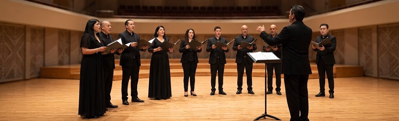 Un Plano Horizontal Medio-Largo De Un Coro Mixto De 10 Personas Y Un Director Actuando En Un Gran Auditorio Vacío. Diez Cantantes (Cuatro Mujeres Y Seis Hombres), Vestidos De Negro Formal De Concierto Y Sosteniendo Carpetas De Partituras Abiertas, Están De Pie En Formación De Semicírculo En Un Escenario De Madera.