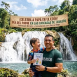 Un Padre Sonriente Abraza A Su Pequeño Hijo, Quien Sostiene Un Dibujo De &Quot;¡Feliz Día Papá!&Quot;, Frente A Las Imponentes Cascadas De Agua Blanca En Teapa, Tabasco, Rodeados De Una Exuberante Selva Verde Y Un Río De Aguas Cristalinas Bajo Una Gran Pancarta Festiva.
