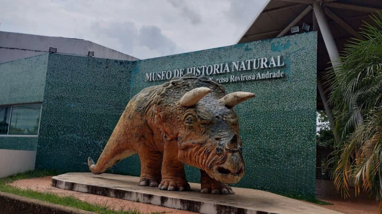 Fachada Del Museo De Historia Natural &Amp;Quot;José Narciso Rovirosa Andrade&Amp;Quot; Con La Escultura De Un Dinosaurio Al Frente, Uno De Los Mejores Museos Para Visitar Con Niños En Villahermosa.