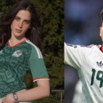 Composición Fotográfica Dividida En Dos Partes: A La Izquierda, La Modelo Fátima Bosch Posando Con La Camiseta Oficial De La Selección Mexicana; A La Derecha, El Futbolista Gilberto Mora En Acción Durante Un Partido.