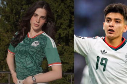 Composición Fotográfica Dividida En Dos Partes: A La Izquierda, La Modelo Fátima Bosch Posando Con La Camiseta Oficial De La Selección Mexicana; A La Derecha, El Futbolista Gilberto Mora En Acción Durante Un Partido.