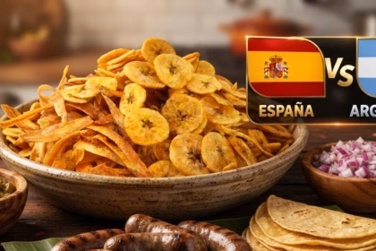 Primer Plano De Una Mesa De Madera Rústica Con Un Gran Tazón Central De Frituras Mixtas De Plátano (Chips Y Tiras). A La Izquierda Hay Un Tazón De Jalapeños En Vinagre Y A La Derecha Un Tazón De Cebolla Morada Picada. En Primer Plano, Sobre Una Hoja De Plátano, Hay Varias Salchichas A La Parrilla Y Una Pila De Tortillas De Maíz. Flotando En La Esquina Superior Derecha, Un Panel Dorado Muestra Las Banderas De España (Izquierda) Y Argentina (Derecha) Separadas Por Un &Quot;Vs&Quot; Dorado, Con Los Nombres De Los Países Debajo. Todo El Montaje Sugiere Una Reunión Para Ver Un Partido De Fútbol.