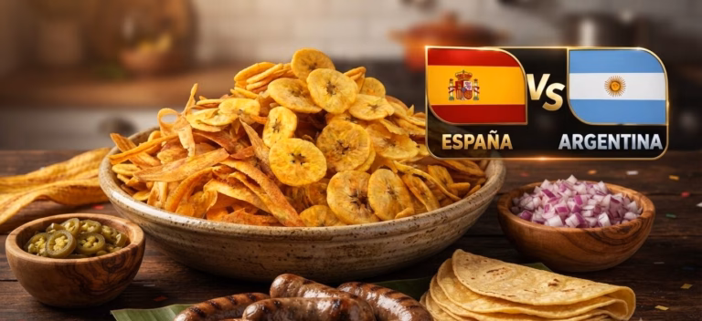 Primer Plano De Una Mesa De Madera Rústica Con Un Gran Tazón Central De Frituras Mixtas De Plátano (Chips Y Tiras). A La Izquierda Hay Un Tazón De Jalapeños En Vinagre Y A La Derecha Un Tazón De Cebolla Morada Picada. En Primer Plano, Sobre Una Hoja De Plátano, Hay Varias Salchichas A La Parrilla Y Una Pila De Tortillas De Maíz. Flotando En La Esquina Superior Derecha, Un Panel Dorado Muestra Las Banderas De España (Izquierda) Y Argentina (Derecha) Separadas Por Un &Amp;Quot;Vs&Amp;Quot; Dorado, Con Los Nombres De Los Países Debajo. Todo El Montaje Sugiere Una Reunión Para Ver Un Partido De Fútbol.