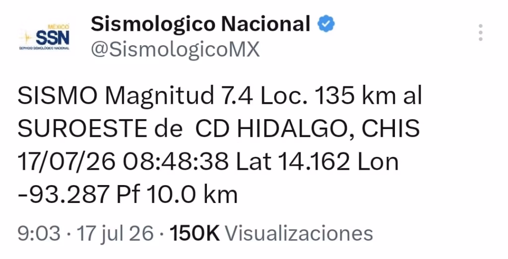 Sismo De Magnitud Significativa Sacude Chiapas: Lo Que Se Sabe Este 17 De Julio 3 Captura De Pantalla De Una Publicación Del Servicio Sismológico Nacional (Ssn) En La Red Social X, Donde Informa Sobre Un Sismo De Magnitud 7.4 En Chiapas, Localizado A 135 Kilómetros Al Suroeste De Ciudad Hidalgo, Con Una Profundidad De 10 Kilómetros Y Registrado El 17 De Julio De 2026 A Las 08:48 Horas.