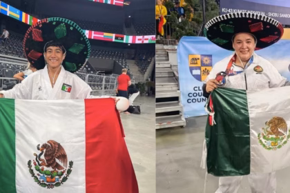 Mundial De Karate 2026 — Composición Fotográfica De Los Karatecas Tabasqueños Víctor Montejo Y Anayeli Rodríguez Portando Sombreros Charros Y Extendiendo La Bandera De México Tras Ganar Medallas De Oro Y Plata En Rumania.