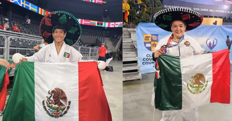 Mundial De Karate 2026 — Composición Fotográfica De Los Karatecas Tabasqueños Víctor Montejo Y Anayeli Rodríguez Portando Sombreros Charros Y Extendiendo La Bandera De México Tras Ganar Medallas De Oro Y Plata En Rumania.