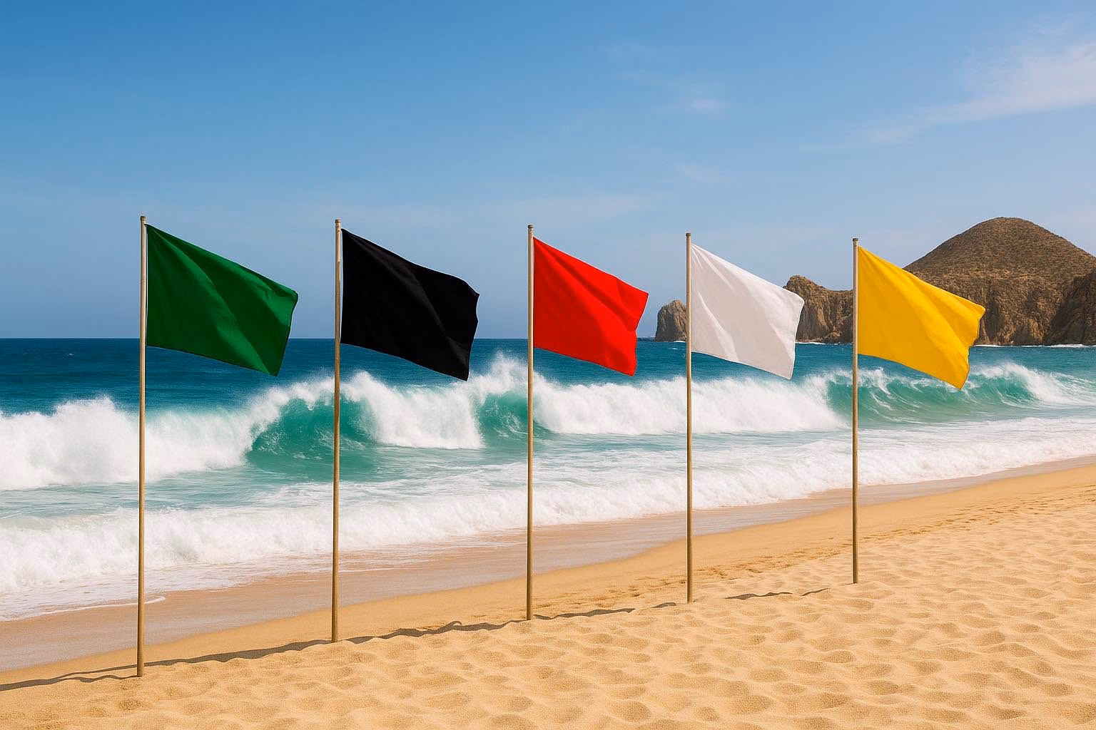 Vacaciones Seguras En Tabasco: Conoce El Significado De Las Banderas Antes De Entrar Al Mar 70 Cinco Mástiles Alineados En La Arena Con Las Banderas De Seguridad Verde, Negra, Roja, Blanca Y Amarilla Frente Al Mar Para Indicar El Sistema De Banderas En La Playa.