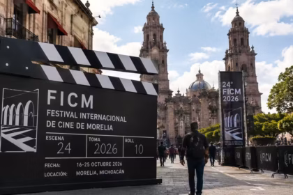 Claqueta Gigante Del Festival Internacional De Cine De Morelia Frente A La Catedral De Morelia, Donde Vania Quevedo Presentará &Quot;Mi Sangre Es Petróleo&Quot;.
