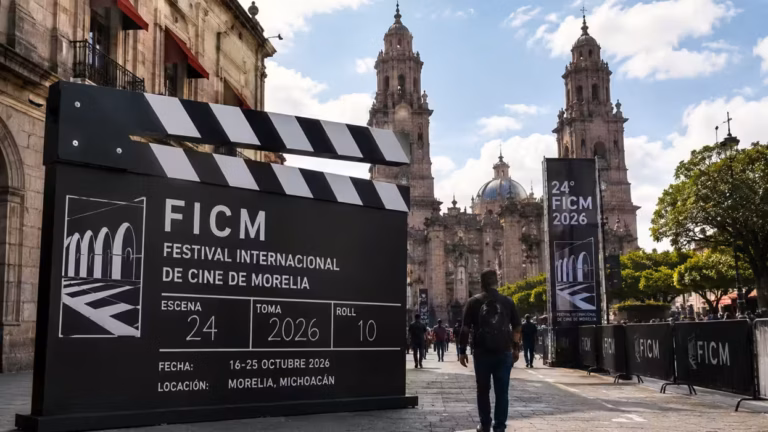 Claqueta Gigante Del Festival Internacional De Cine De Morelia Frente A La Catedral De Morelia, Donde Vania Quevedo Presentará &Amp;Quot;Mi Sangre Es Petróleo&Amp;Quot;.