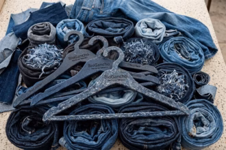 Tres Perchas De Ropa Sostenibles, De Color Azul Con Motas Blancas Y Grabadas Con La Inscripción &Quot;Biogancho - Hecho En Tabasco - Reciclado&Quot;, Están Dispuestas En Primer Plano Sobre Una Colección De Vaqueros Enrollados Y Restos De Tela Vaquera Deshilachada Sobre Una Superficie Jaspeada.