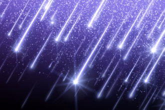 Ilustración Del Cielo Nocturno Con Destellos Brillantes Simulando La Lluvia De Estrellas Perseidas 2026 Sobre Un Fondo Violeta.