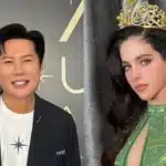 Imagen Dividida En Dos Secciones. A La Izquierda, El Empresario Tailandés Nawat Itsaragrisil Sonríe Vistiendo Un Saco Negro Sobre Una Camiseta Blanca Frente A Un Fondo Del Certamen Miss Universo. A La Derecha, La Mexicana Fátima Bosch Posa Portando Una Corona Dorada Y Un Vestido De Noche Verde Bordado Con Cuello Halter Sobre Un Fondo De Cortinaje Gris.